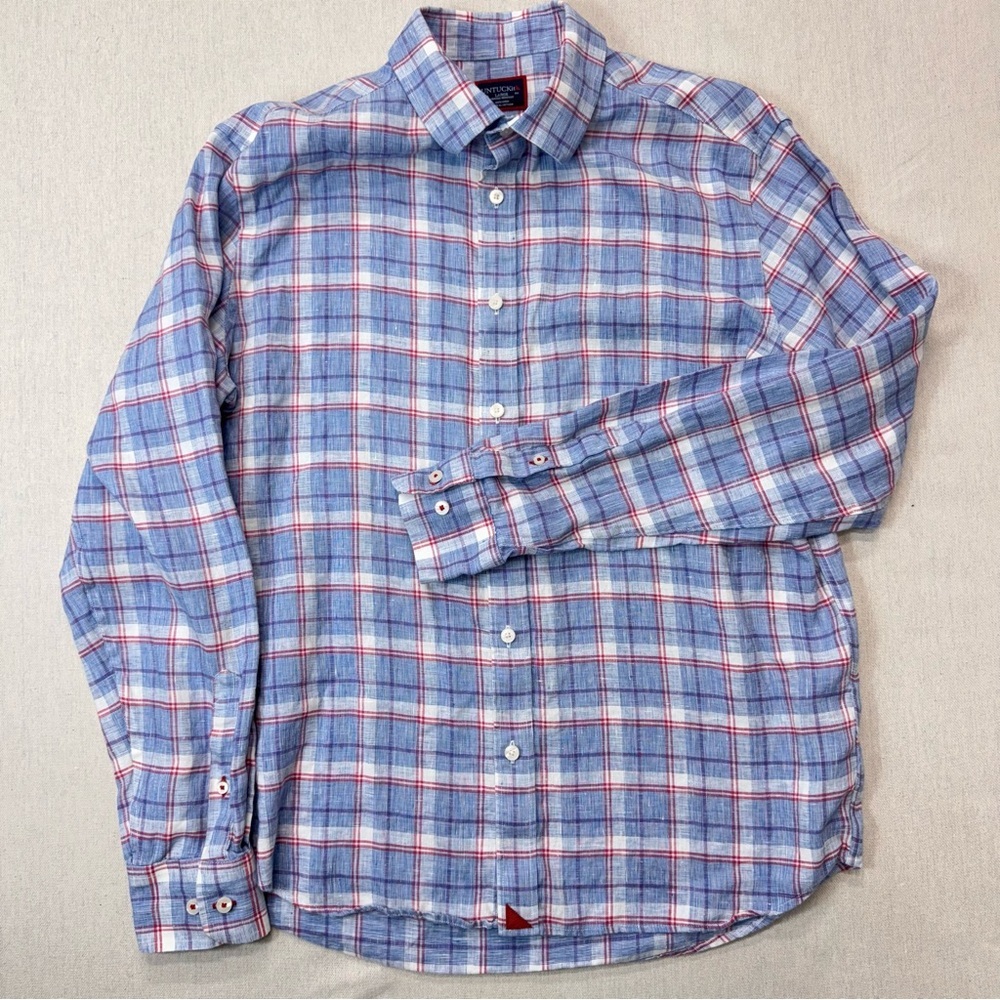 Untuckit (Mens Large) Linen Long Sleeve Button Front Plaid Dress Shirt Blue